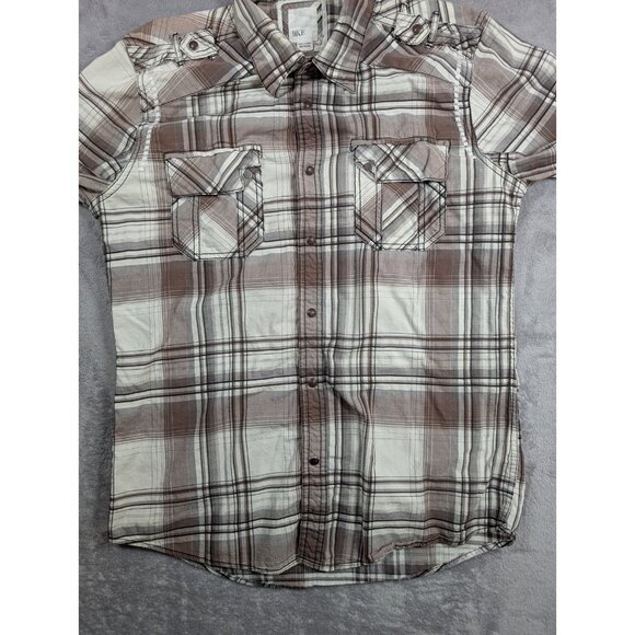 BKE Button Up Shirt Mens Medium Brown Plaid Pearl Snap Athletic Fit Western - Picture 4 of 10